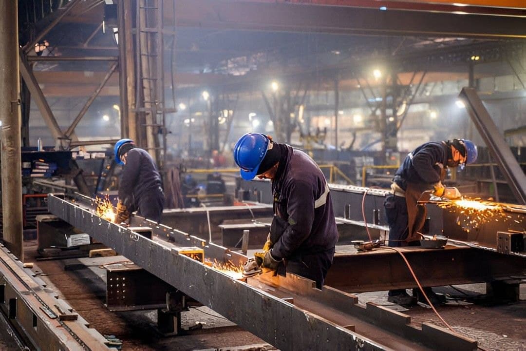 Fabricators grinding and finishing steel sections on the shop floor