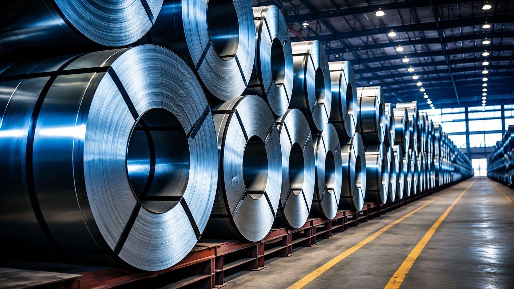 Cold rolled steel coils stacked down the finished goods bay