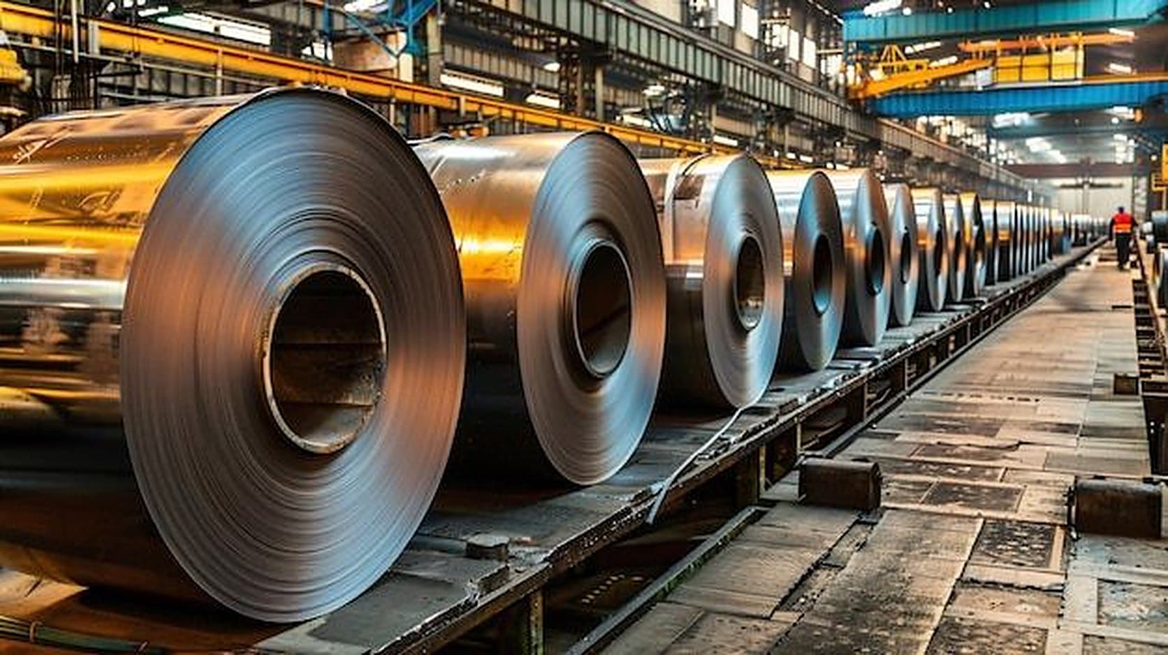 Bundled galvanised steel stock staged across the warehouse floor