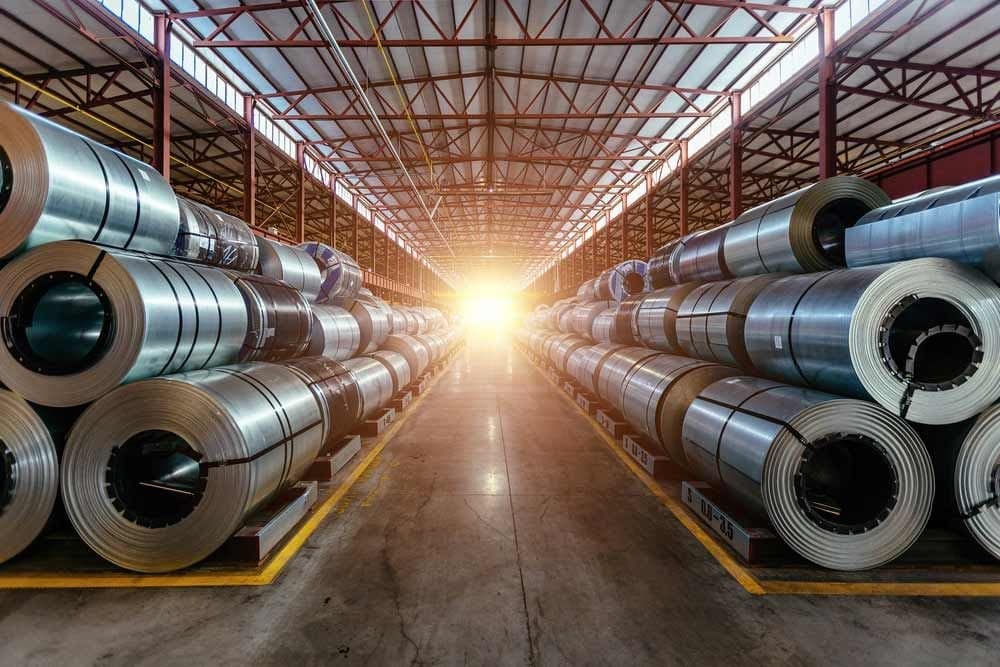 Hot rolled pickled and oiled coils lining the warehouse aisle at sunrise