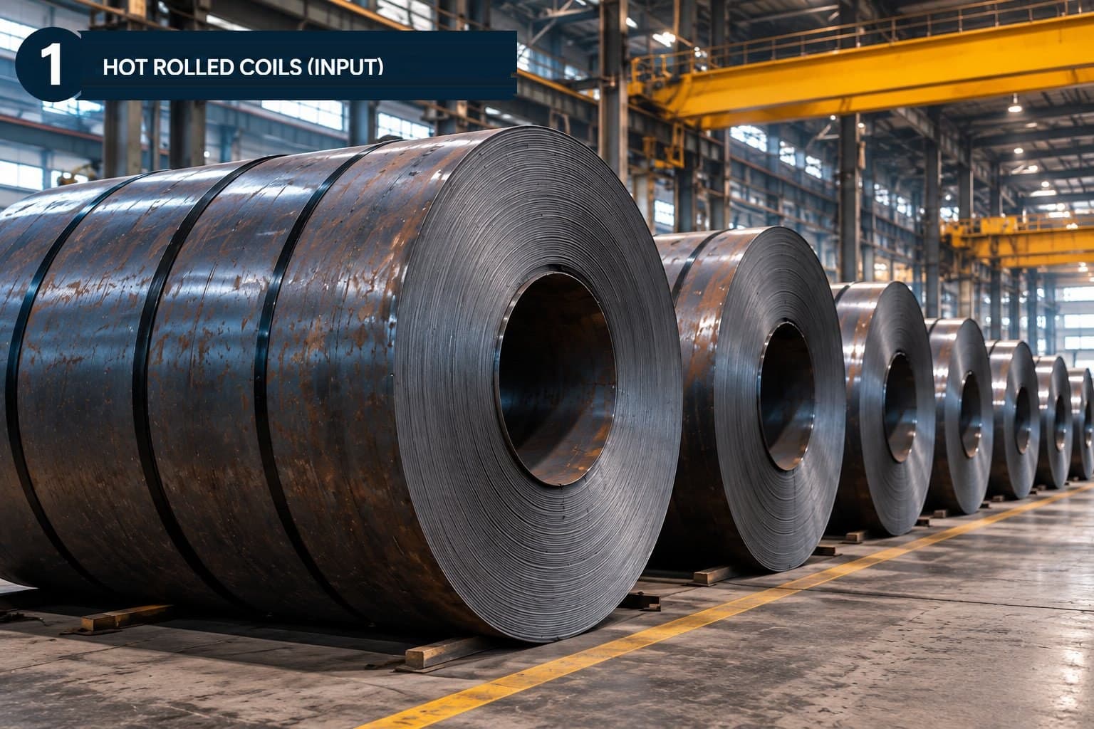 Hot rolled steel coils staged in the input bay