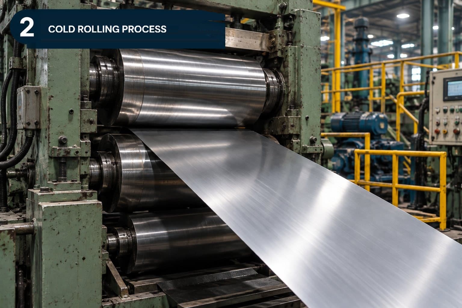 Steel strip running through the cold rolling mill stands
