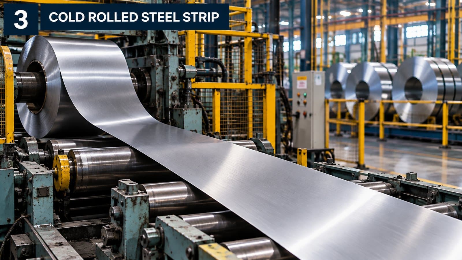 Cold rolled steel strip running out along the finishing line