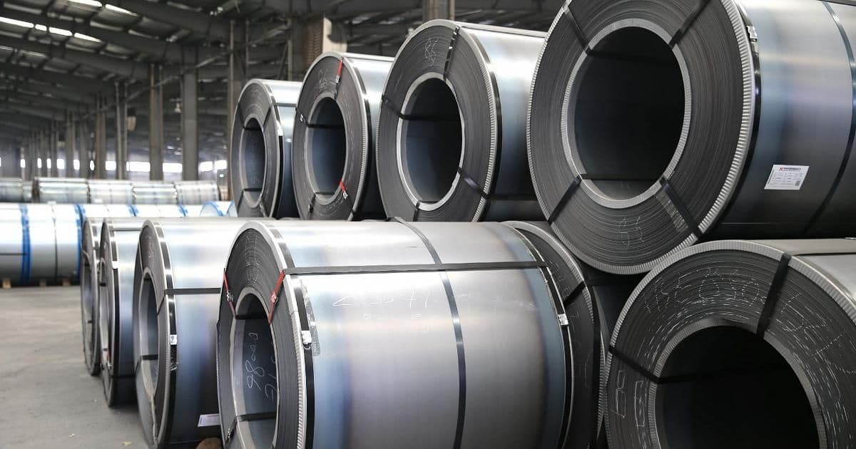 Hot rolled coils banded and marked, staged for the mill